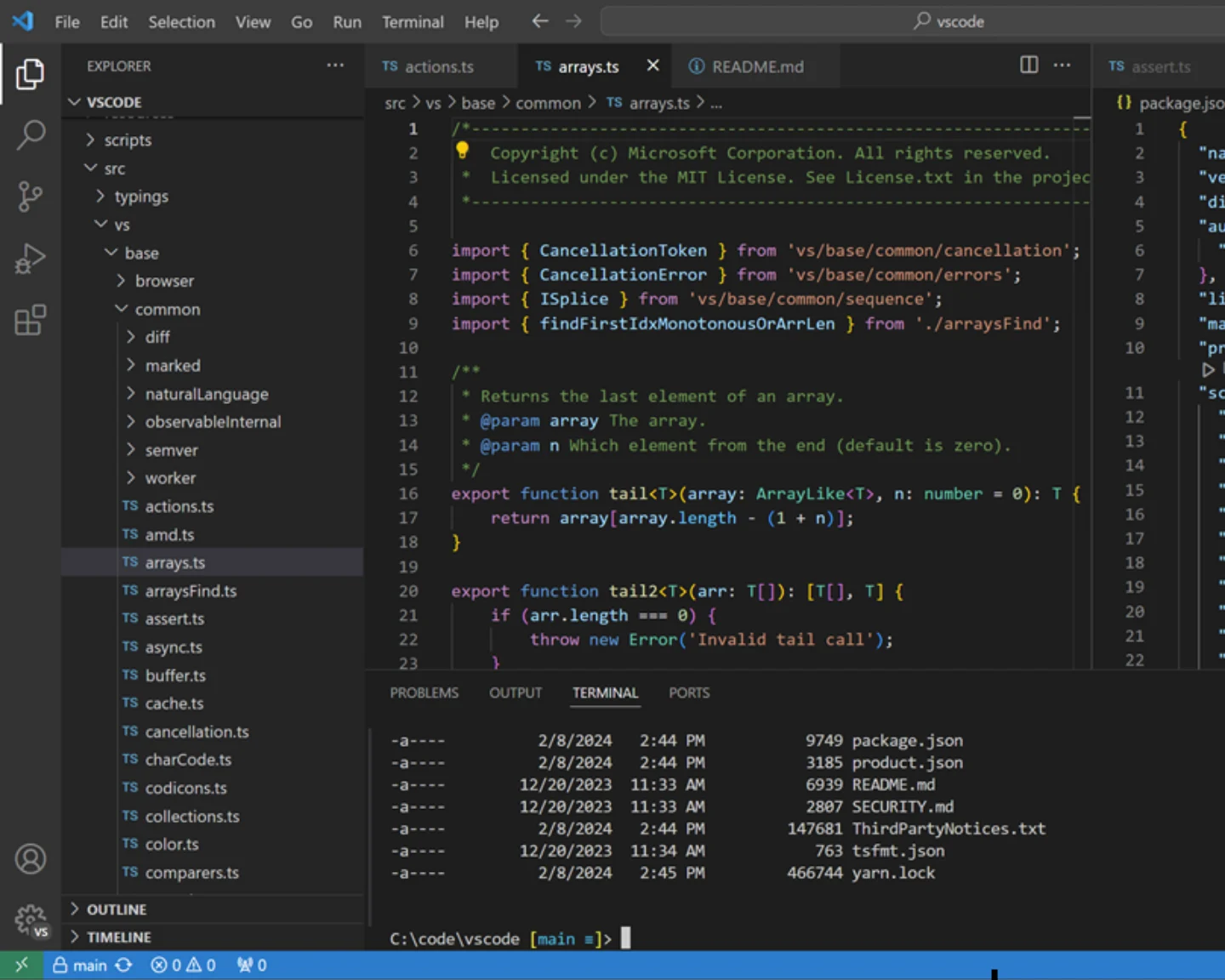 The Visual Studio Code editor showing a project file tree, TypeScript source open in two editor groups and a terminal panel below