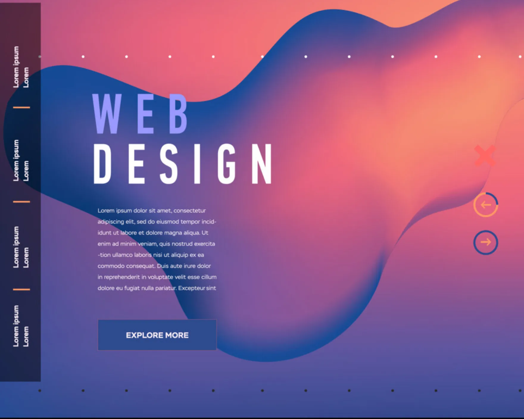 An illustrated website layout headed WEB DESIGN, with a navigation column, body text and a call-to-action button over a flowing gradient background